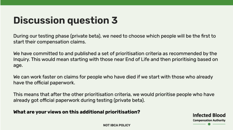 Slide about your views on the prioritisation criteria for deciding who will be first to start their compensation claim